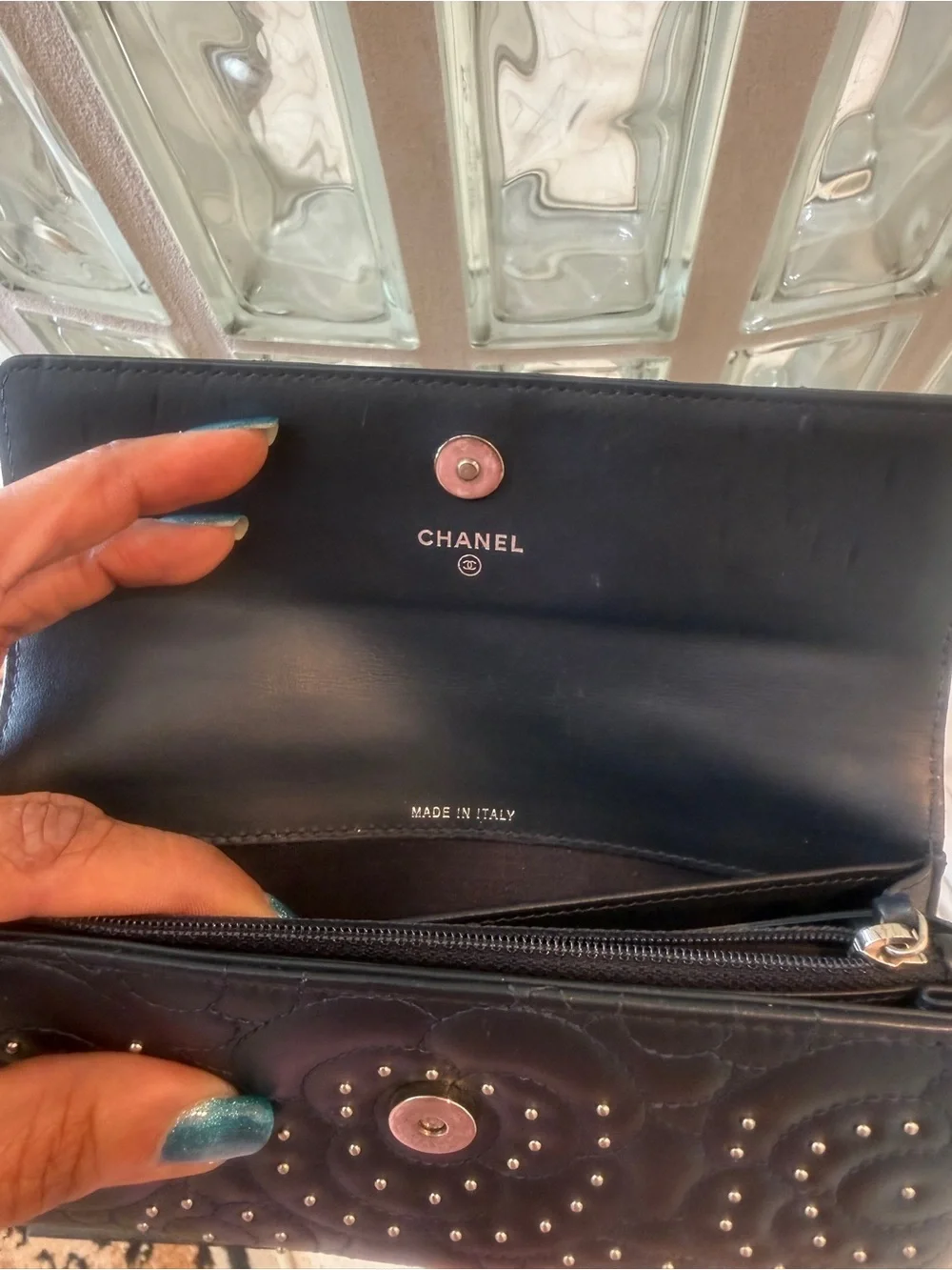 CHANEL Navy Blue Quilted Camellia Studded Leather Wallet, Unbranded Silver Chain